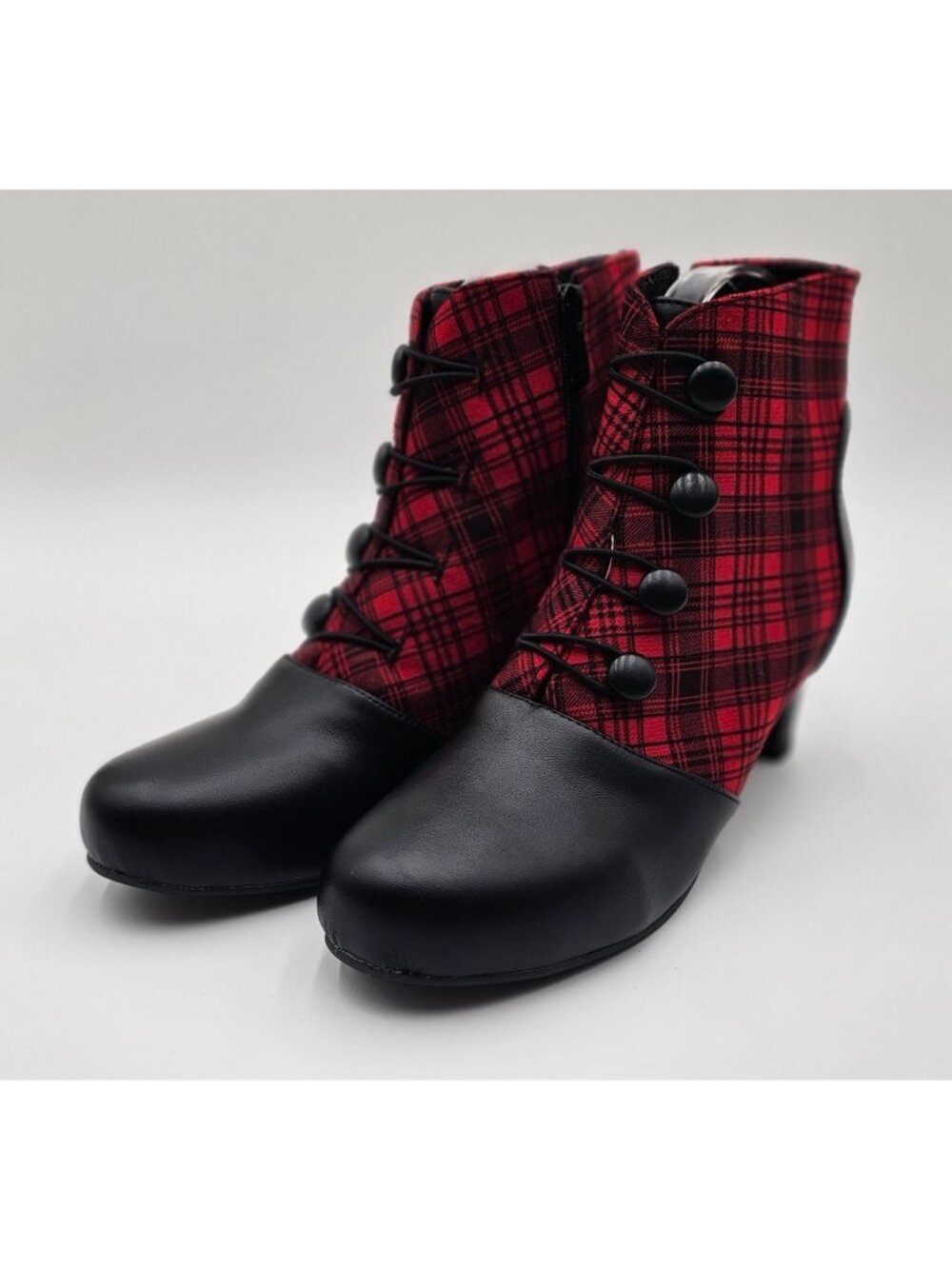 New Vintage-Inspired Red Plaid Ankle Boots Sz 9 Faux Leather Retro Steampunk